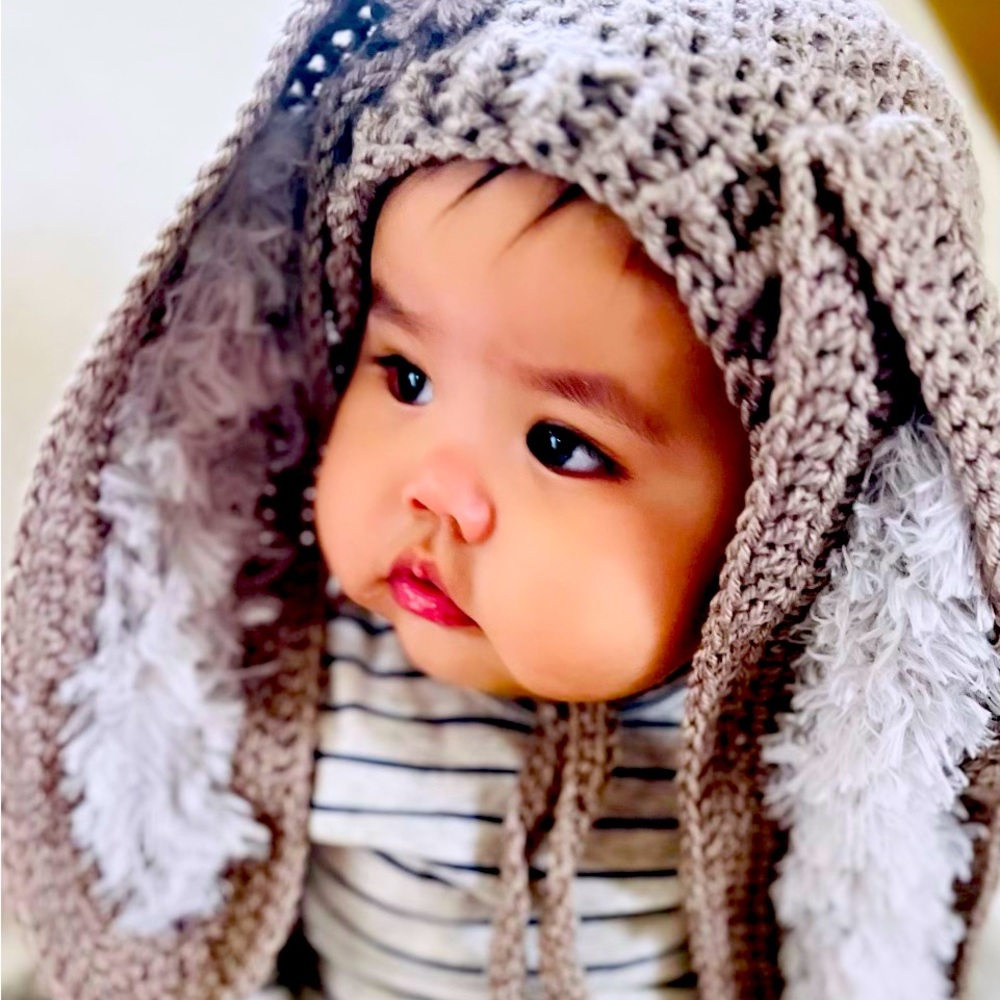 gray crocheted new bunny bonnet with fur ears